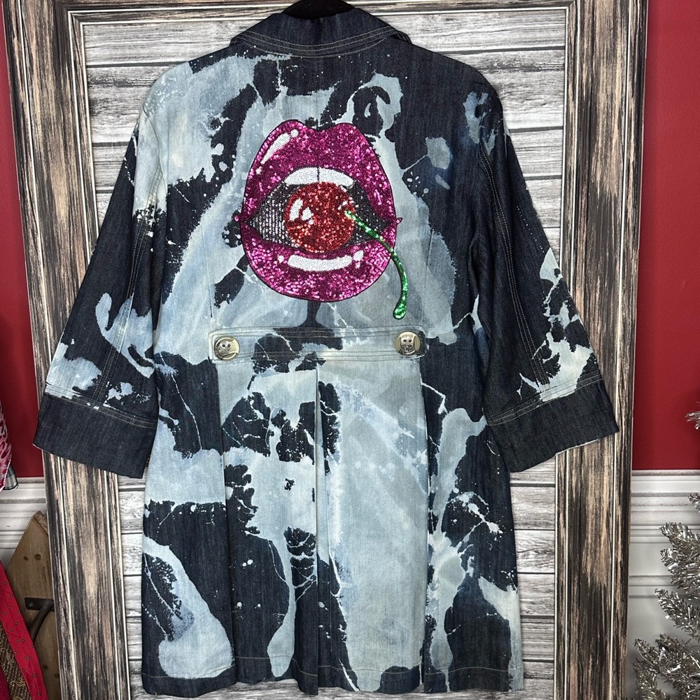Y2K Vintage UpCycled Denim Gypsy 3/4 Duster Coat Jacket Sequin Bling Dyed XL